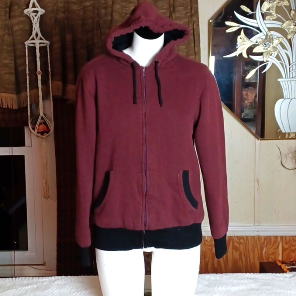 MOSSIMO WOMANS Burgundy Hoodie‎ Black Fleece Lining Heavy & Warm S